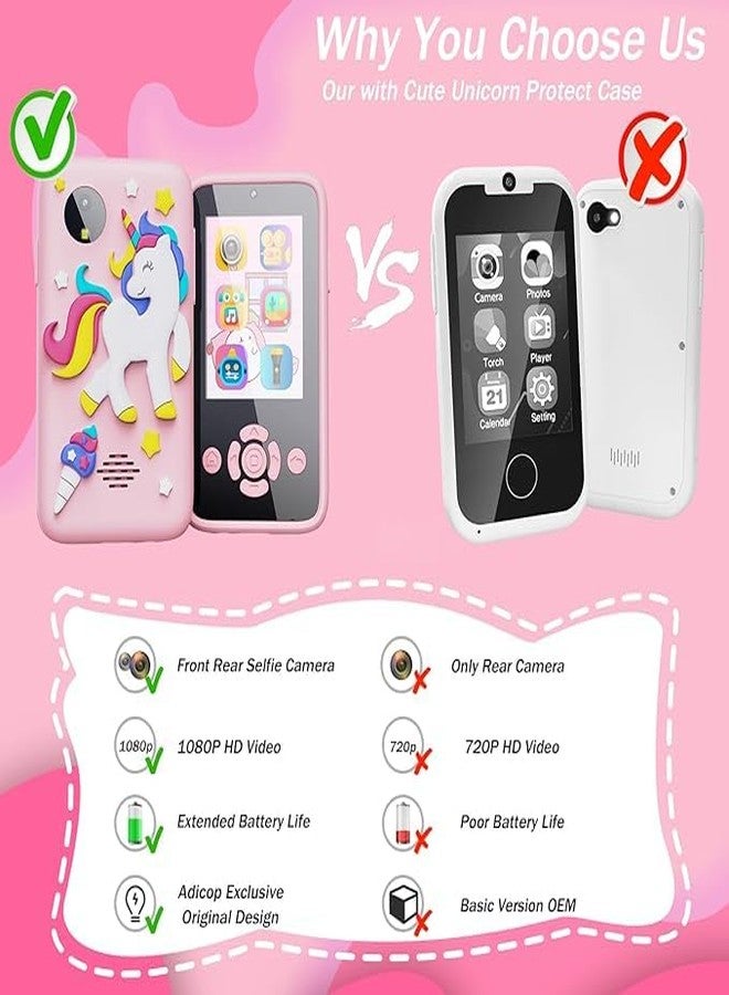 MANVI Kids Smart Phone for Girls, Phone Toy for Children 3 4 5 6 7 8 Year Old, Christmas Birthday Gifts for Kids Age 3-8, MP3 Music Player Dual Camera (Unicorn, Pink) - Image 2